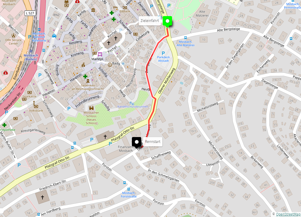 Der Streckenverlauf des Mosbacher Seifenkistenrennens 2026: Der Rennstart wird auf Höhe des Mosbacher Finanzamt/Schmelzgärten liegen. Die Rennstrecke verläuft durch die Zwingerstraße. Zieleinfahrt erfolgt auf Höhe der Alte Bergsteige, deren Anstieg als Bremsauslauf dienen wird. ©OpenStreetMap/Stadt Mosbach